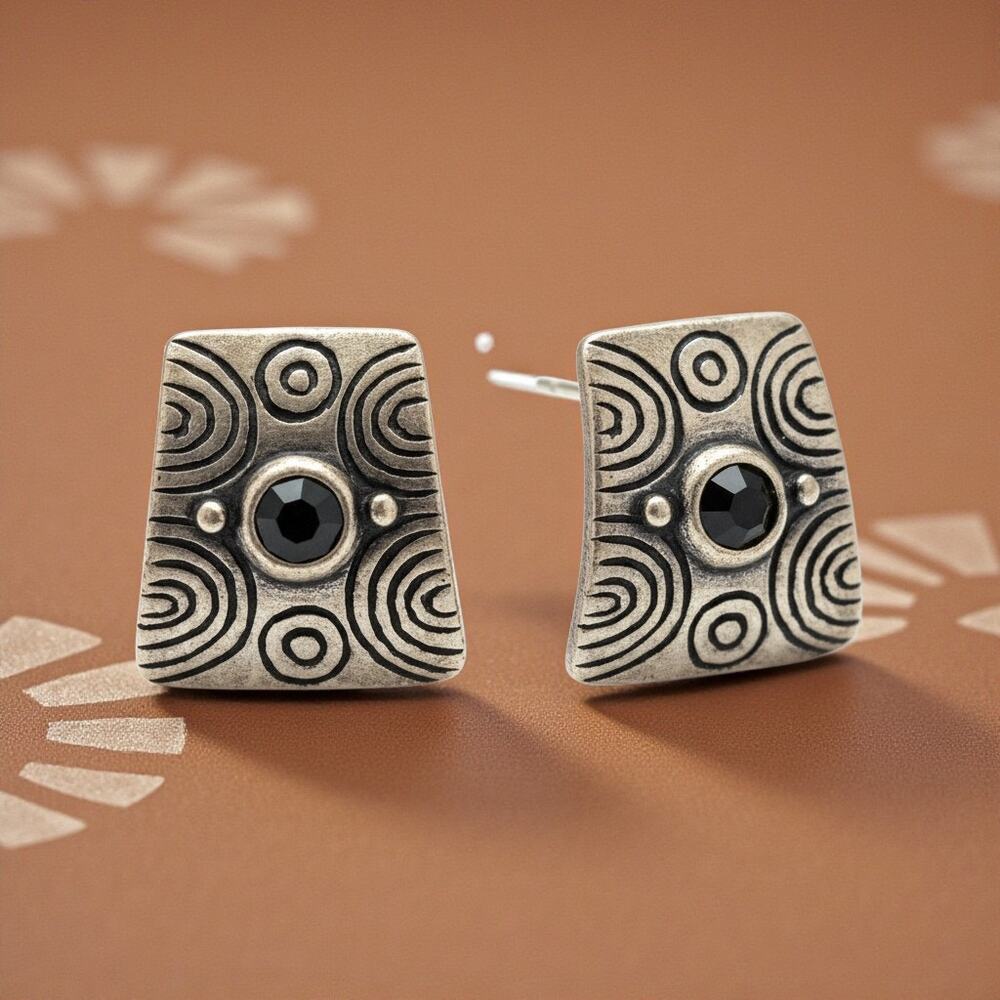 Aztec Art Deco Stud Earrings – Antiqued Silver with Black Stone, Pierced Ears